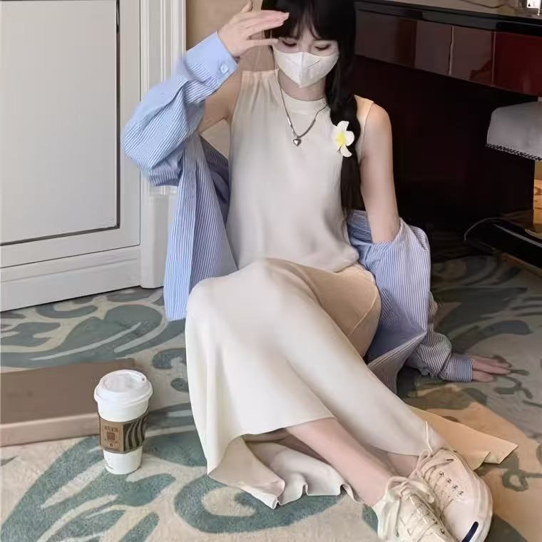 法式米螺纹背心长裙