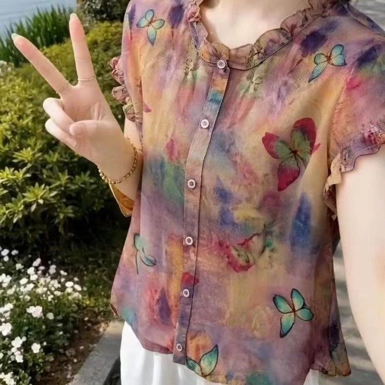 【復古圓領印花襯衫】